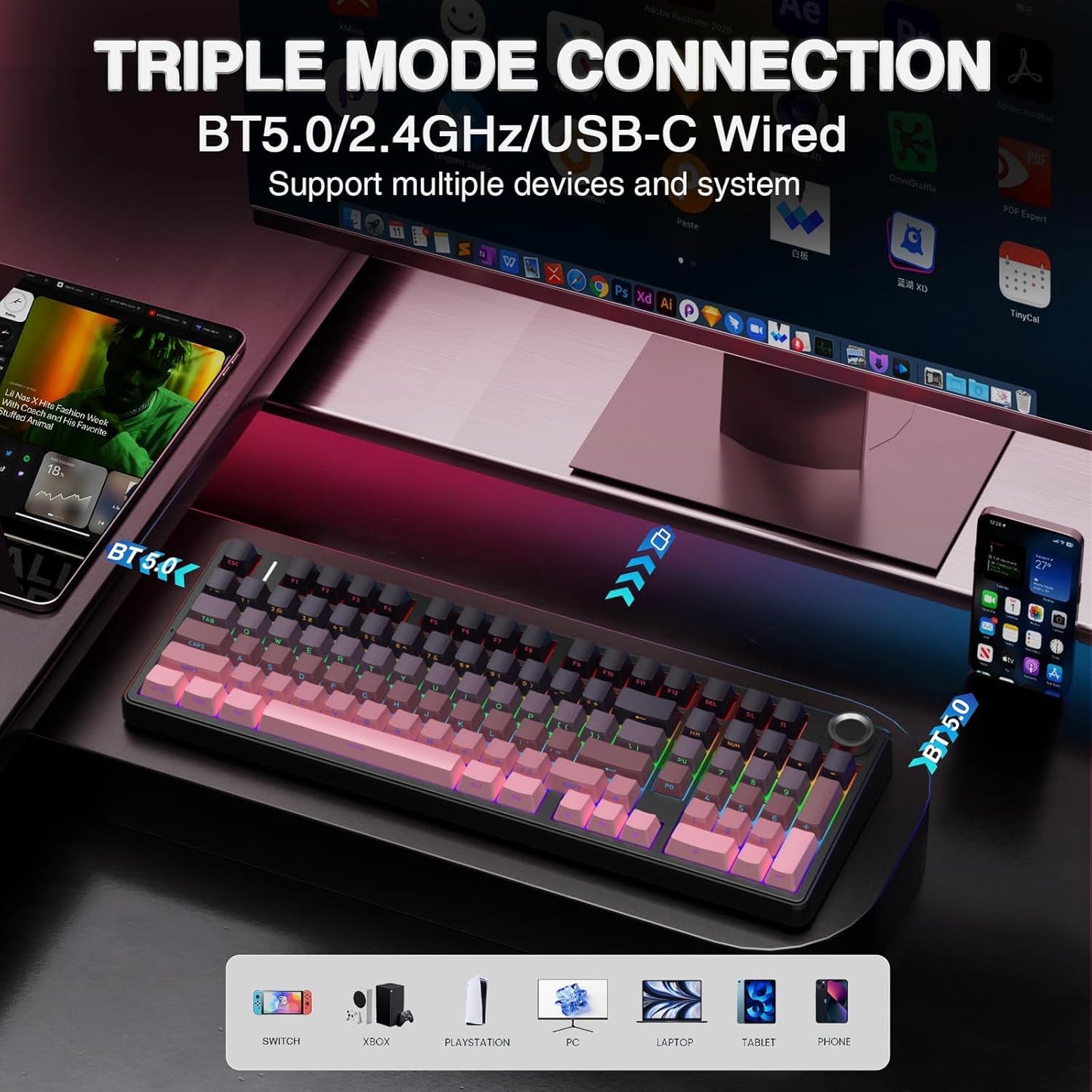 AULA Teclado mecánico inalámbrico F99 Pro con perilla SC580 Ratón i...
