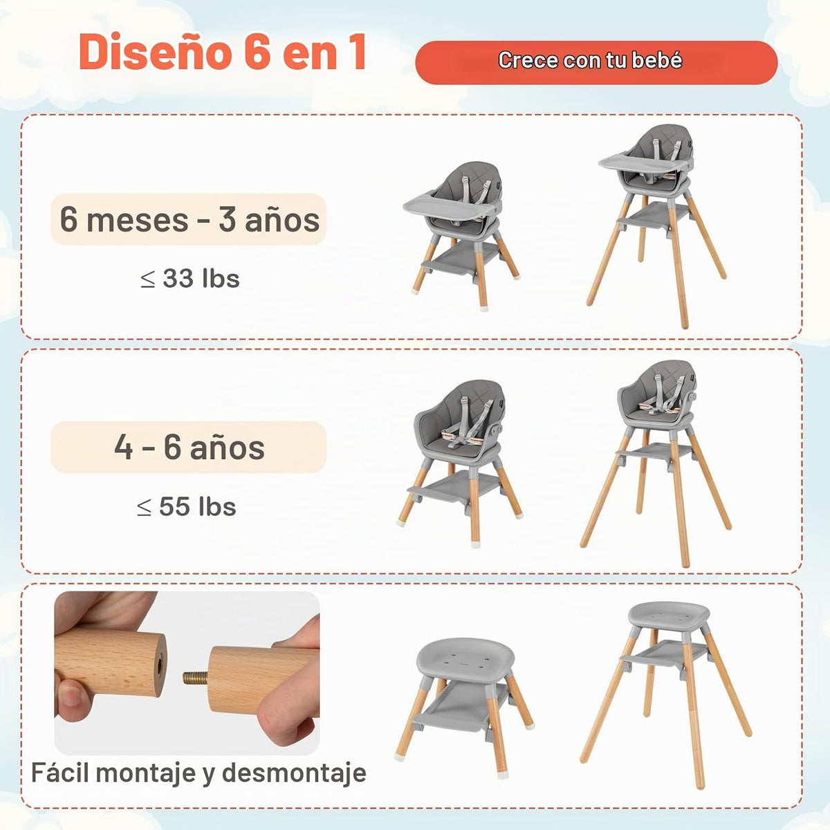 HONEY JOY Silla alta para bebé, silla alta convertible 6 en 1 de ma...