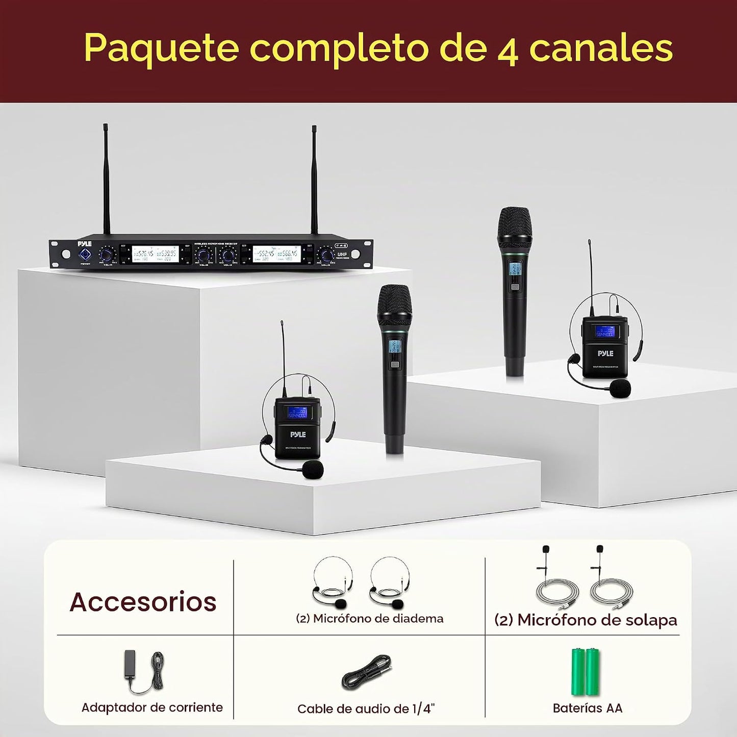 Pyle Sistema de micrófono inalámbrico UHF de 4 canales con 2 micróf...