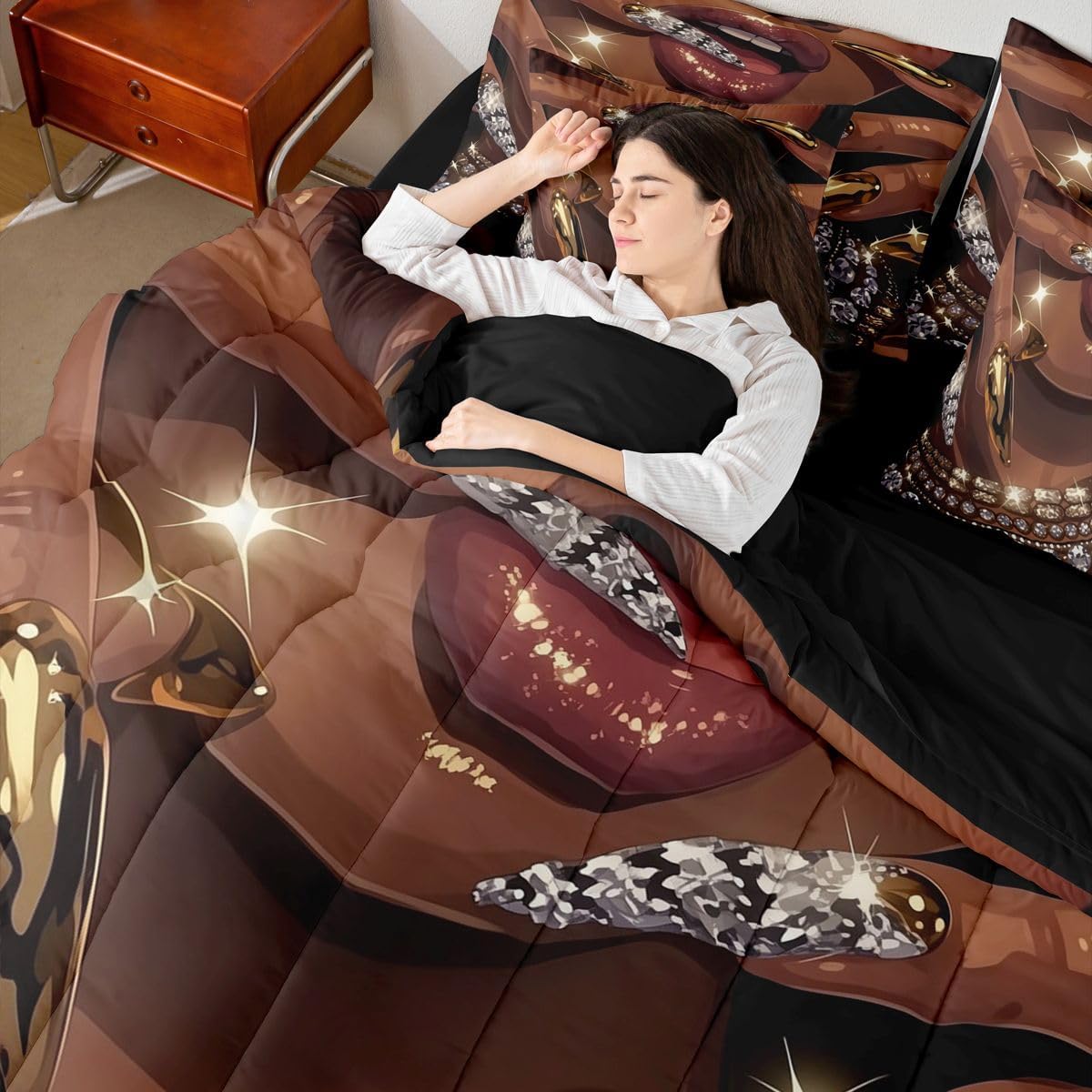 Erosebridal Juego de edredón de 7 piezas para mujer negra, cama Que...