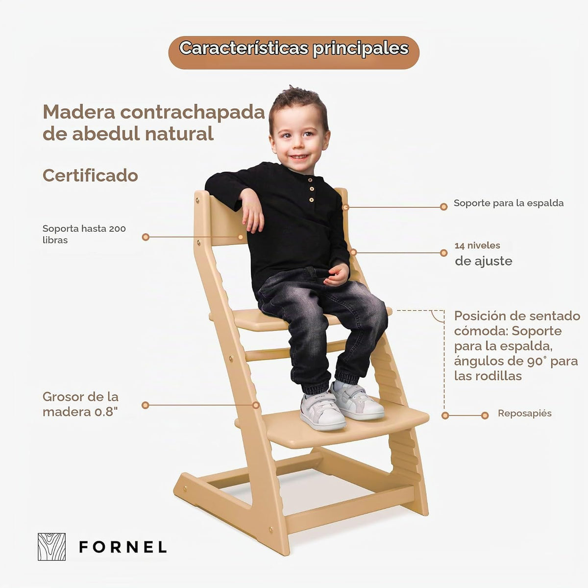 FORNEL Silla alta de madera para bebés y niños pequeños, altura aju...