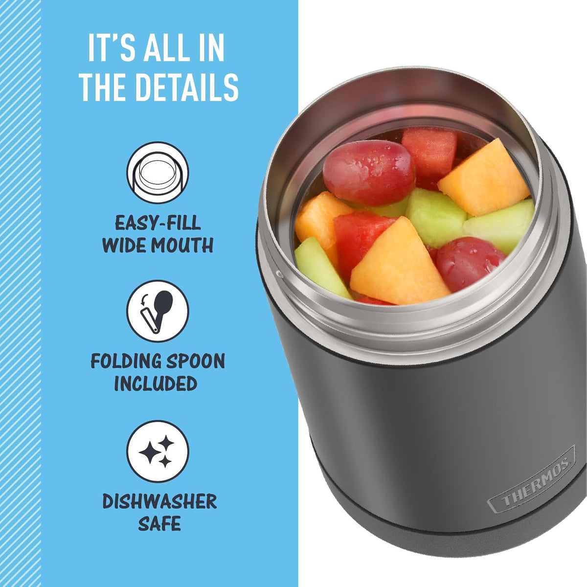 THERMOS FUNTAINER - Tarro de comida con cuchara, 16 onzas, carbón m...