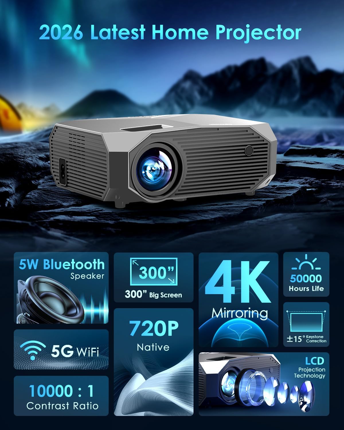 Proyector con WiFi y Bluetooth, proyector de película portátil para...