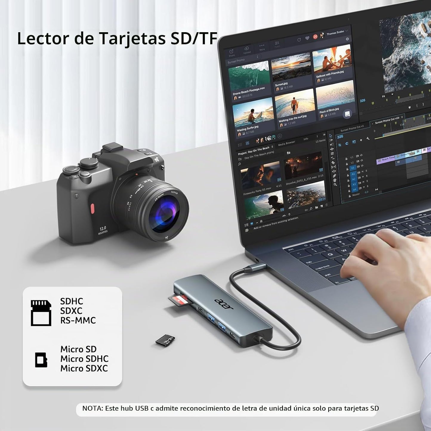 Acer Hub USB C, Adaptador Multipuerto 7 en 1 para Laptop, 4K, Divis...