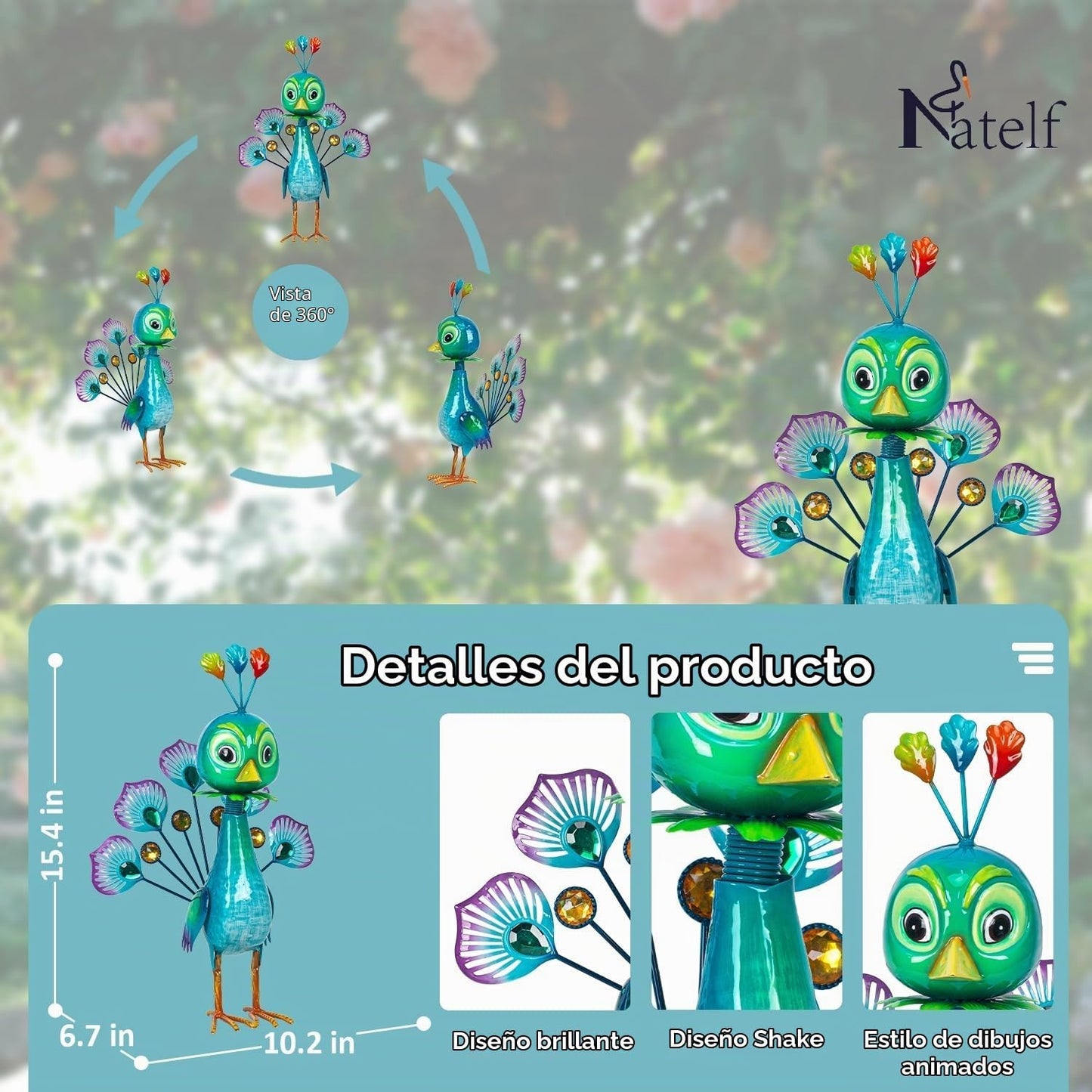 Natelf Estatua de metal pavo real para exteriores, jardín, patio, d...