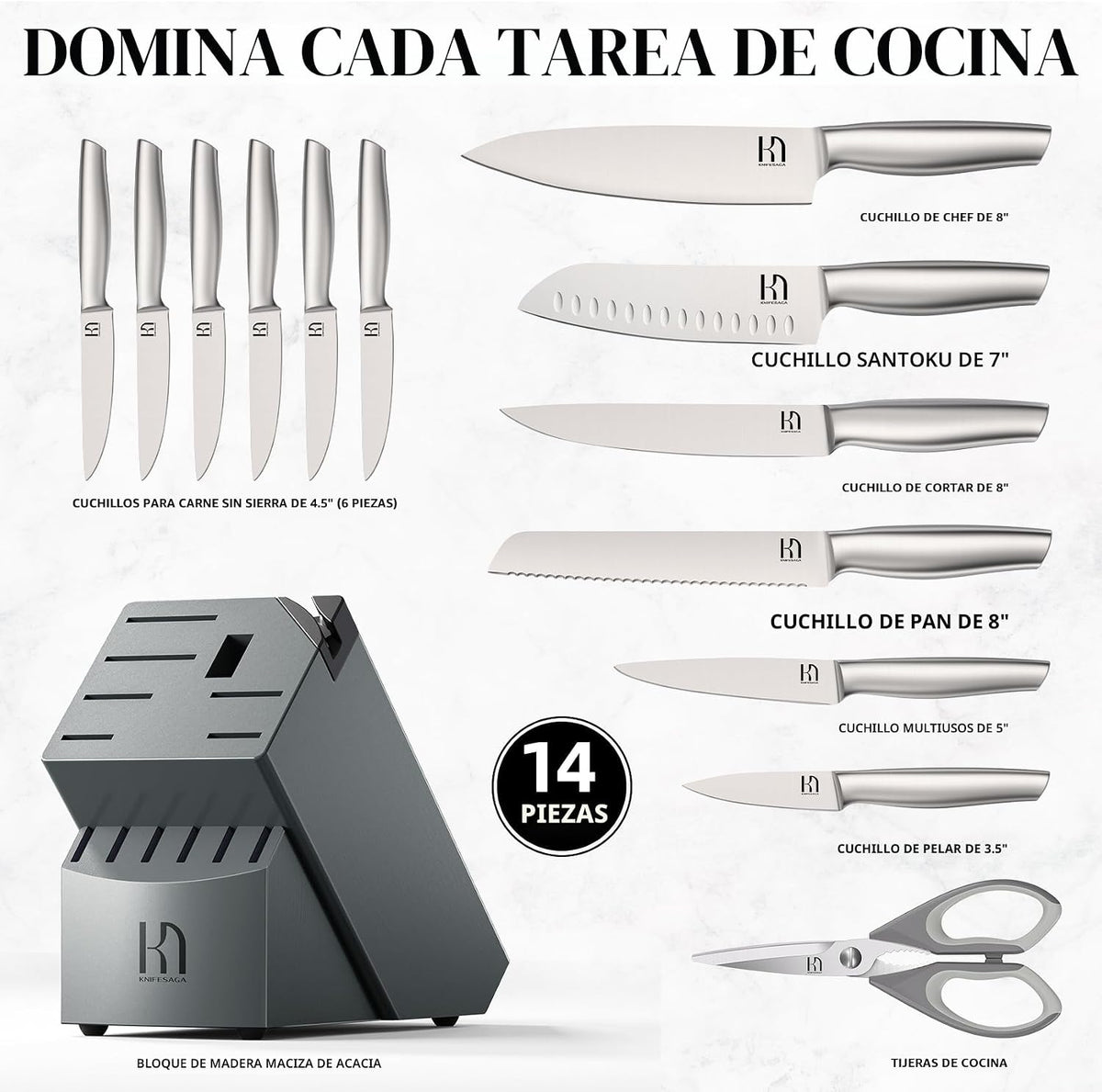 Juego de cuchillos KnifeSaga, juego de 14 piezas de cuchillos de co...