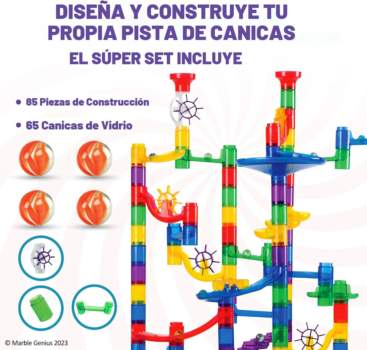 Juguete translúcido Marble Genius, 85 piezas + 15 canicas de vidrio