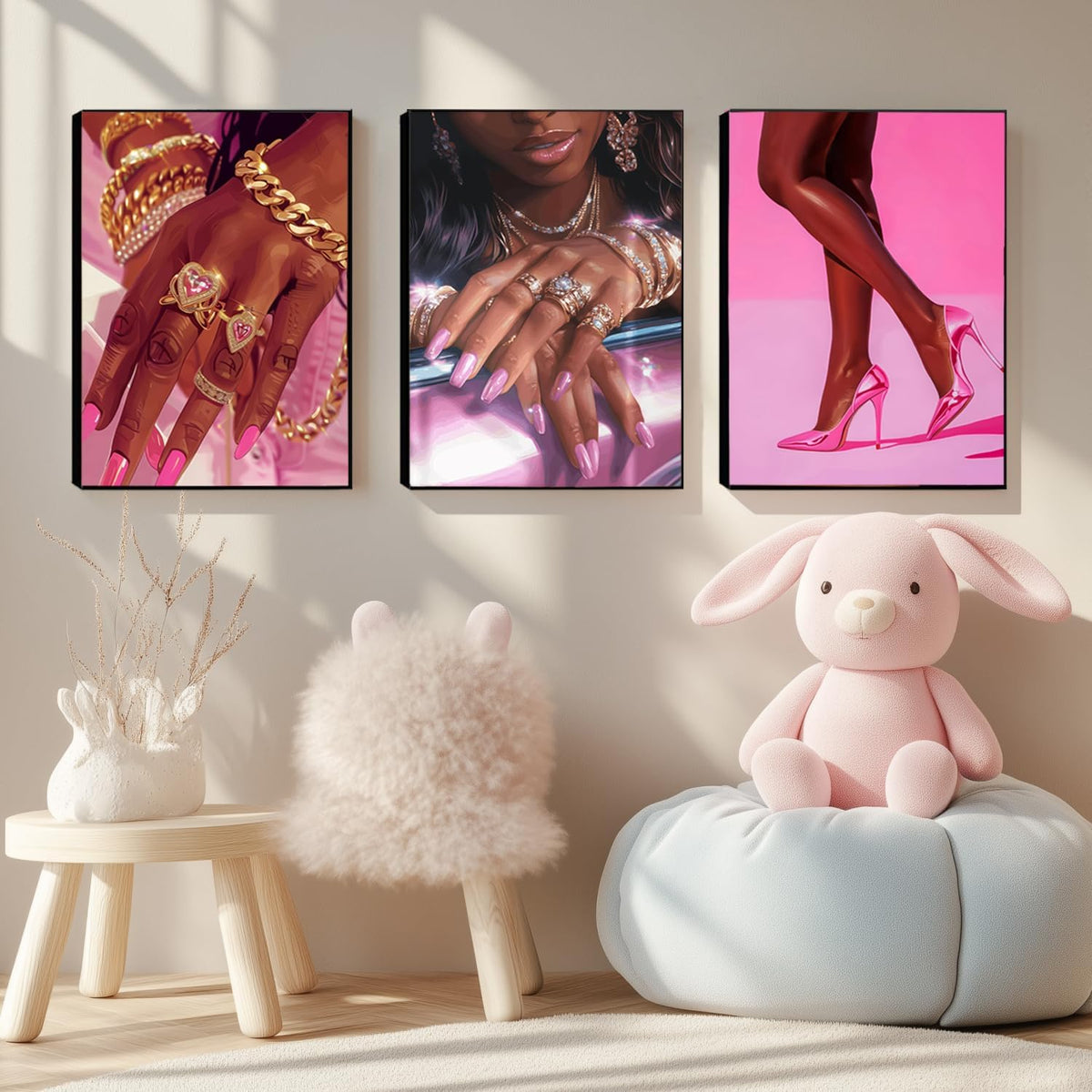 Juego de 3 pósters de pared de mujer afroamericana en lienzo rosa y...