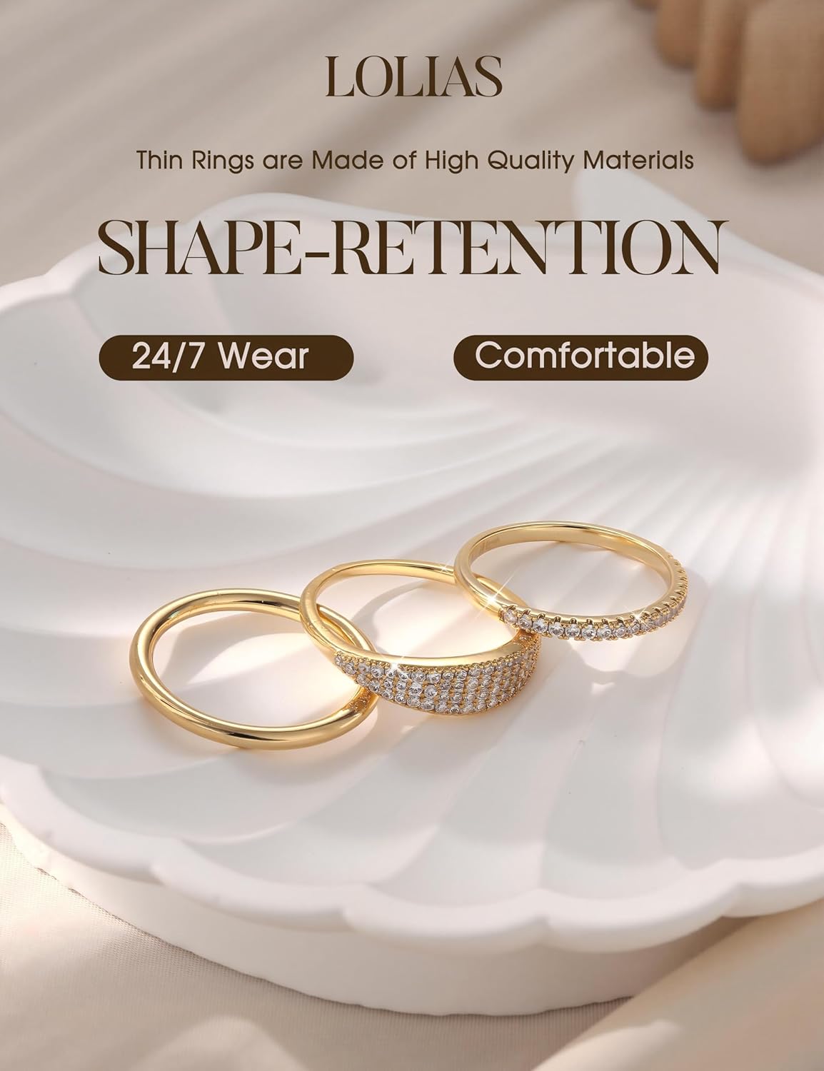 LOLIAS Anillos apilables chapados en oro de 14 quilates para mujer...