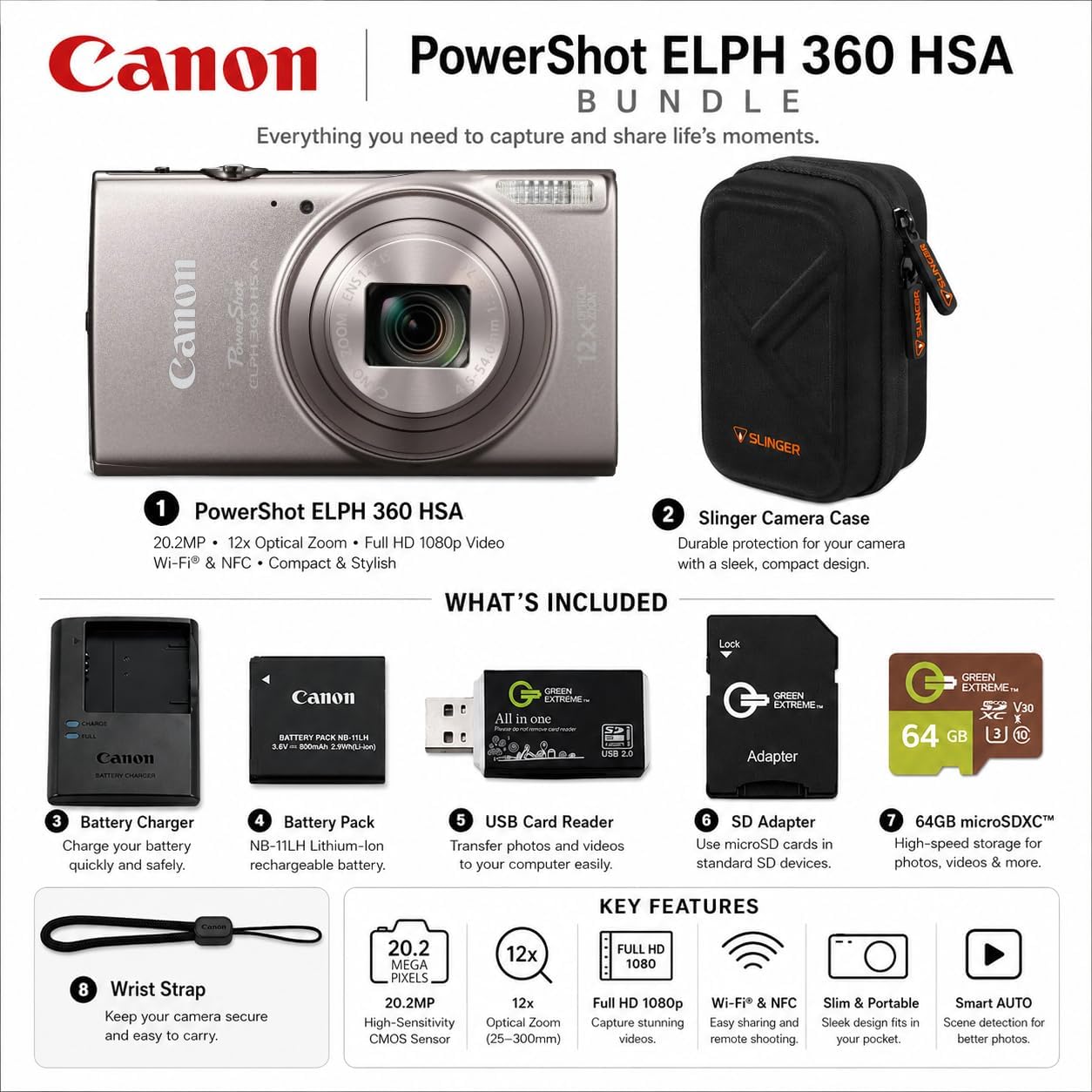 Canon PowerShot ELPH 360 HS - Paquete de cámara digital con tarjeta...