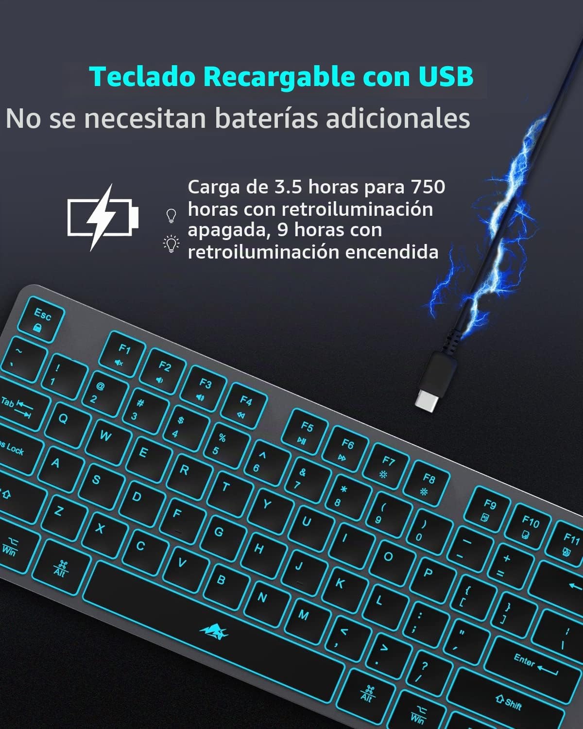 Teclado inalámbrico retroiluminado, teclado silencioso USB recargab...