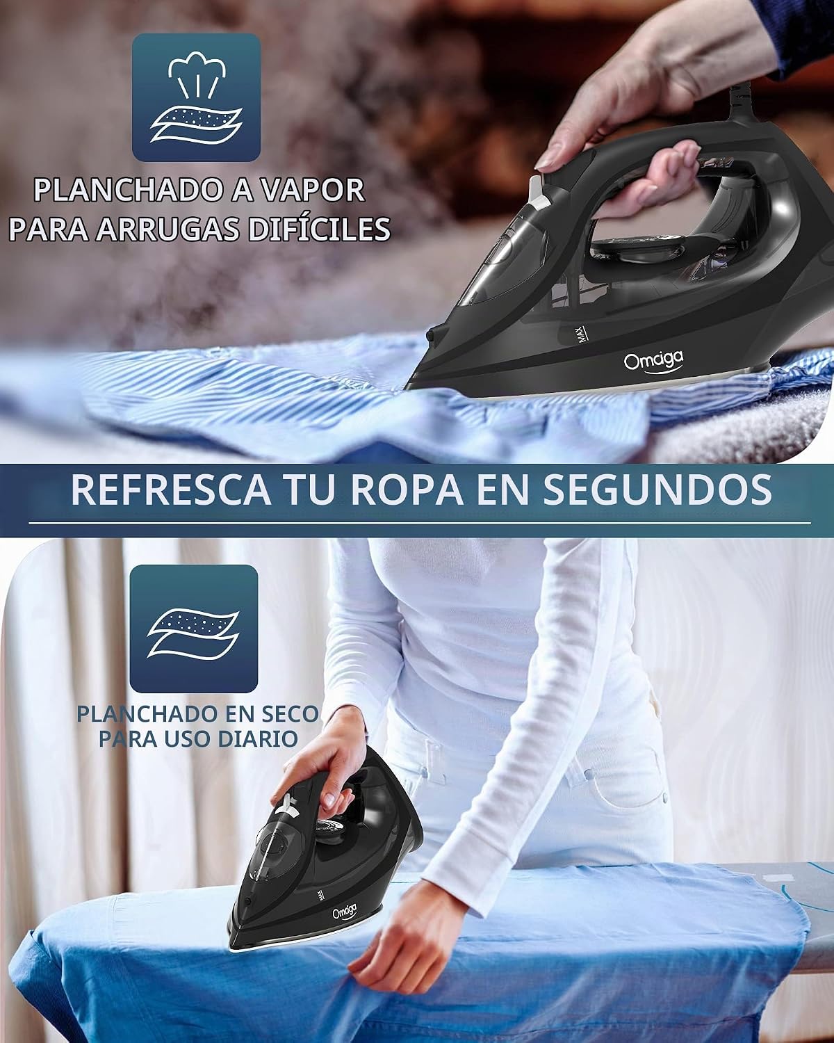 OMAIGA Plancha de vapor para ropa, plancha de 1500 W con calentamie...