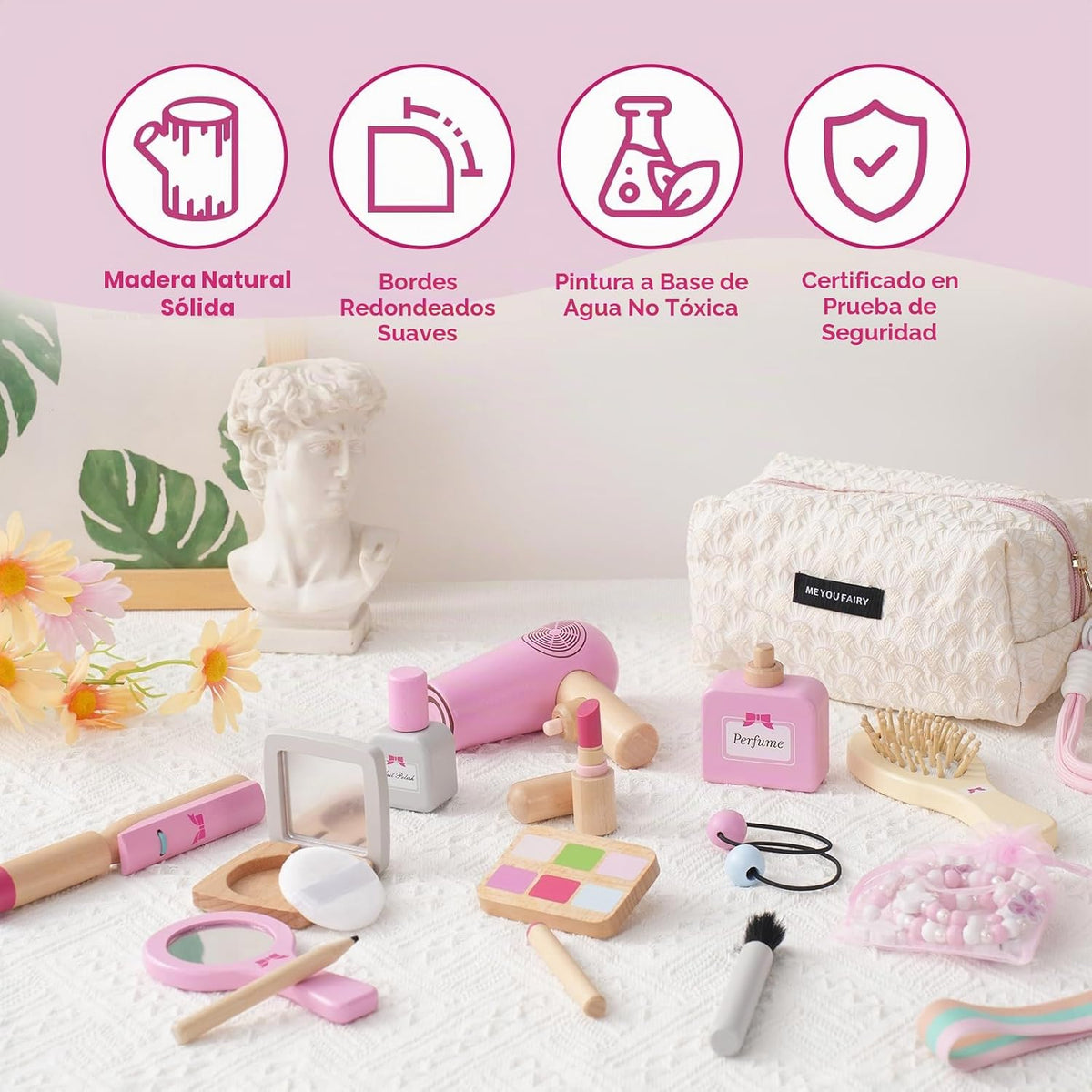 SMARTWO Kit de maquillaje de madera para niñas, juego de salón de b...