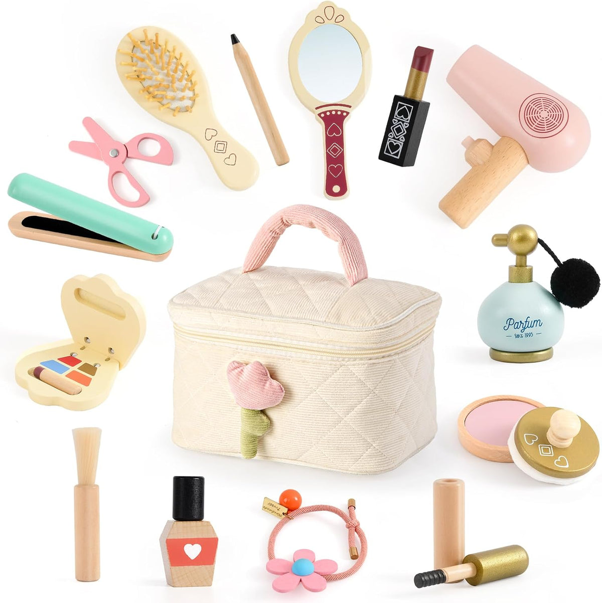 Atoylink Juego de maquillaje de madera, 15 piezas, juguetes de pelu...