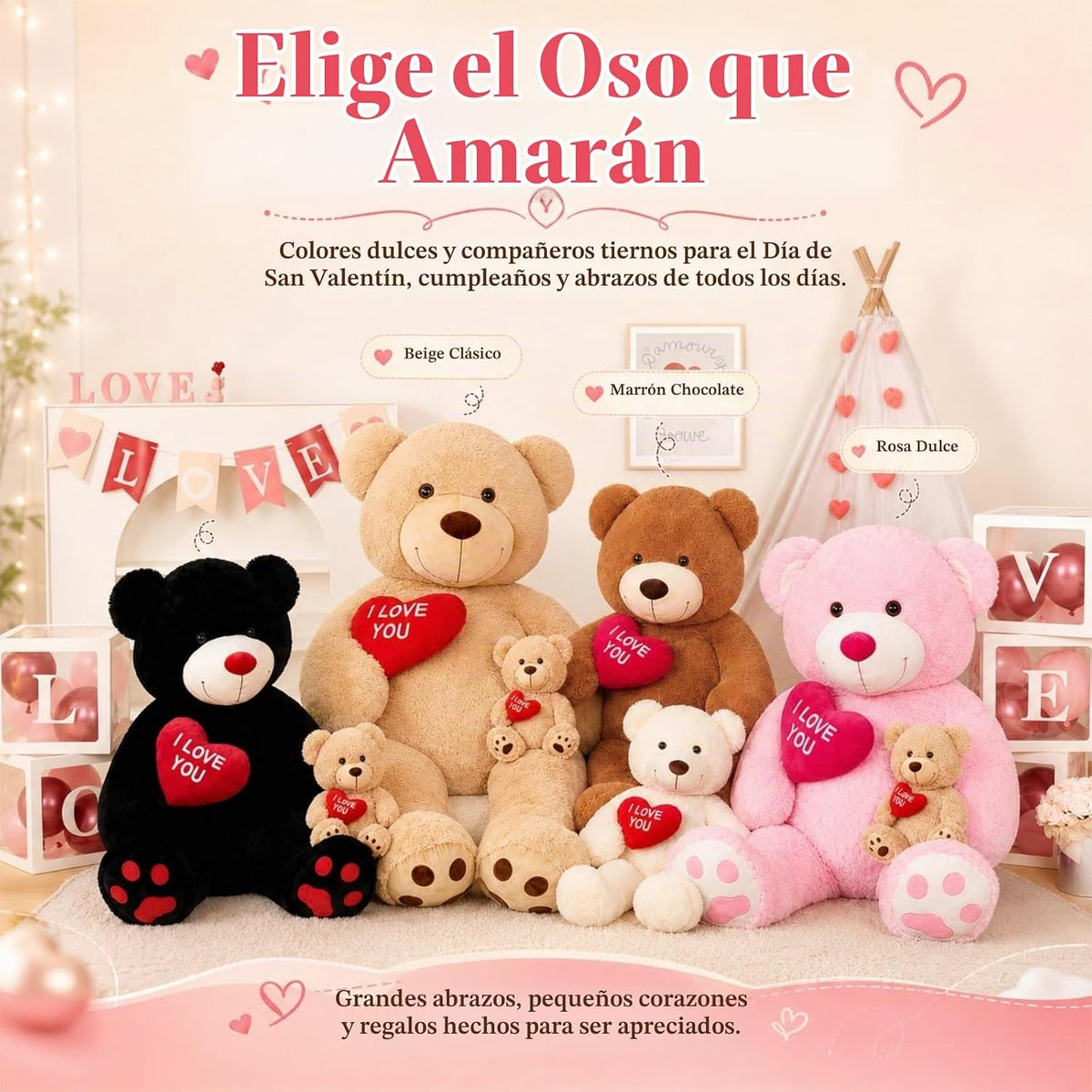 BENINY Oso de peluche gigante rosa de 52 pulgadas con corazón, pelu...