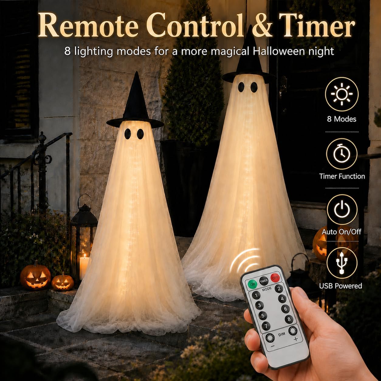 Paquete de 2 decoraciones de fantasmas iluminadas grandes de 5 pies...
