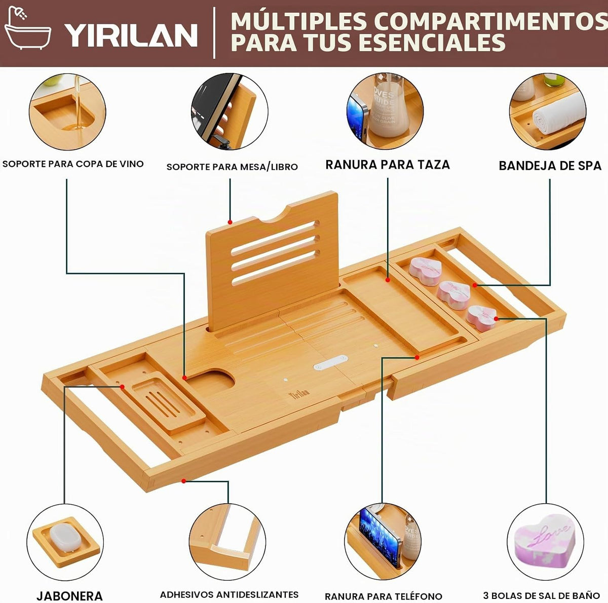 Bandeja de baño de bambú plegable de color madera original, bandeja...