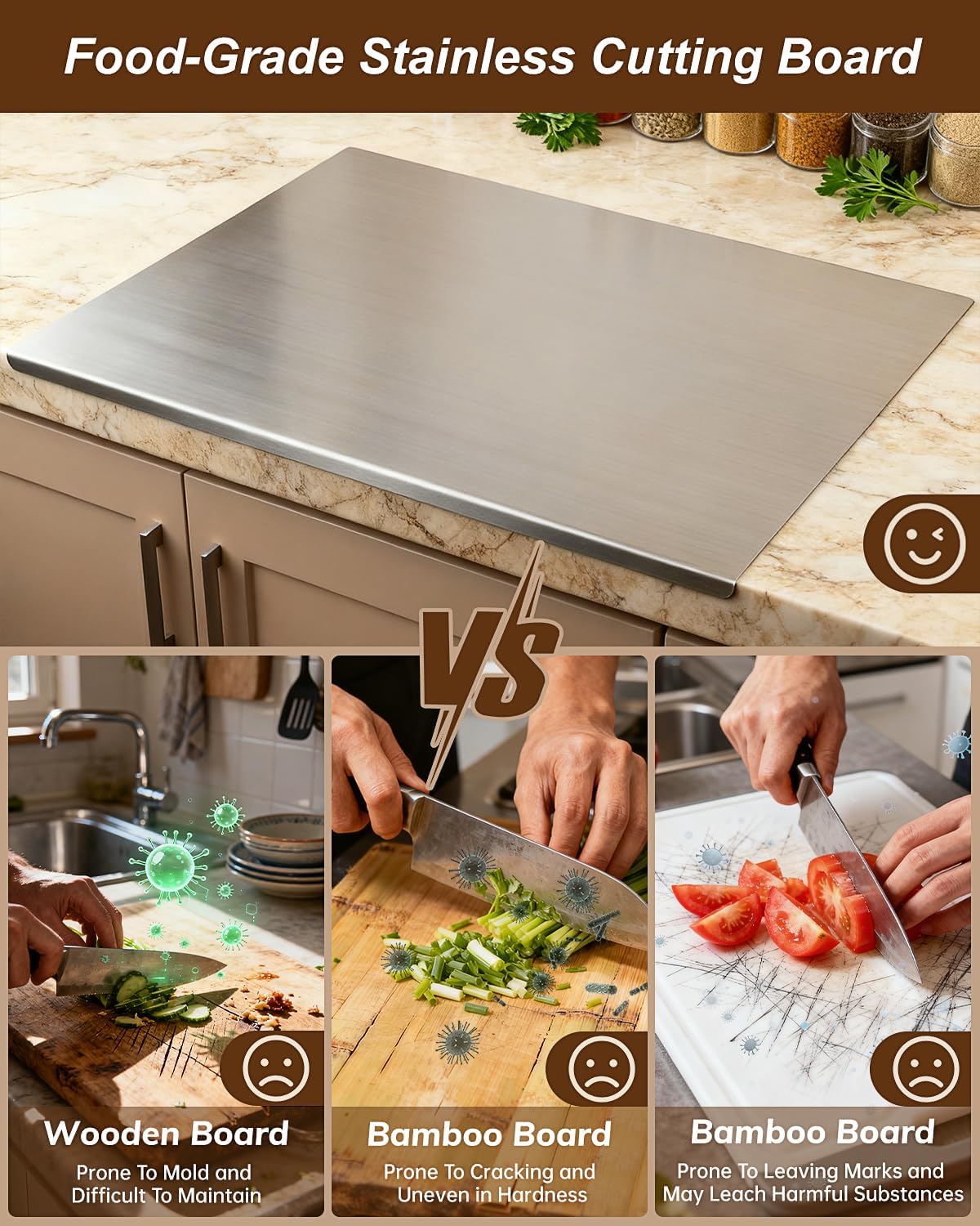 GVUHR Tabla de cortar de acero inoxidable 304 para cocina, tabla de...