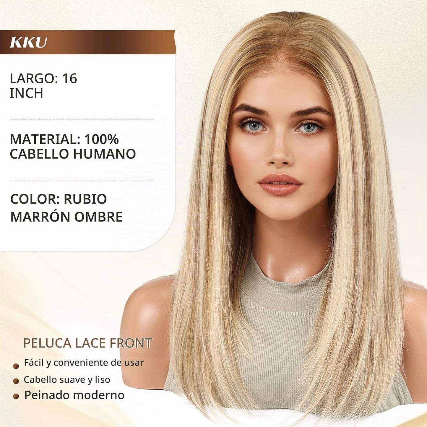 KKU Peluca de Cabello Humano Rubio Castaño Degradado de 16 Pulgadas...