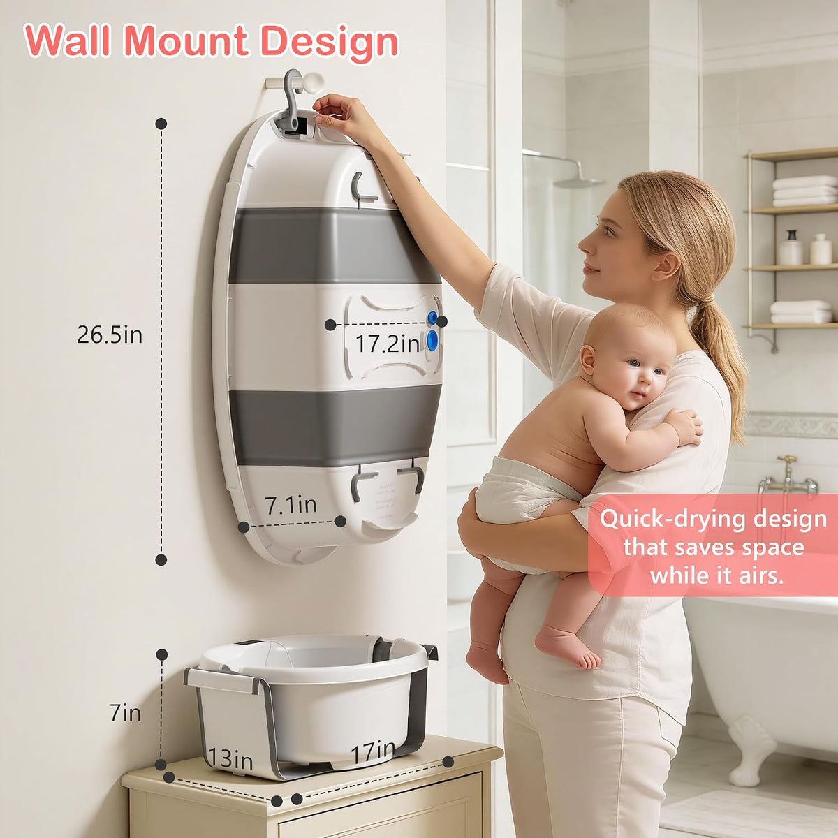 Bañera plegable para bebé, bañera grande con termómetro | Bañera es...