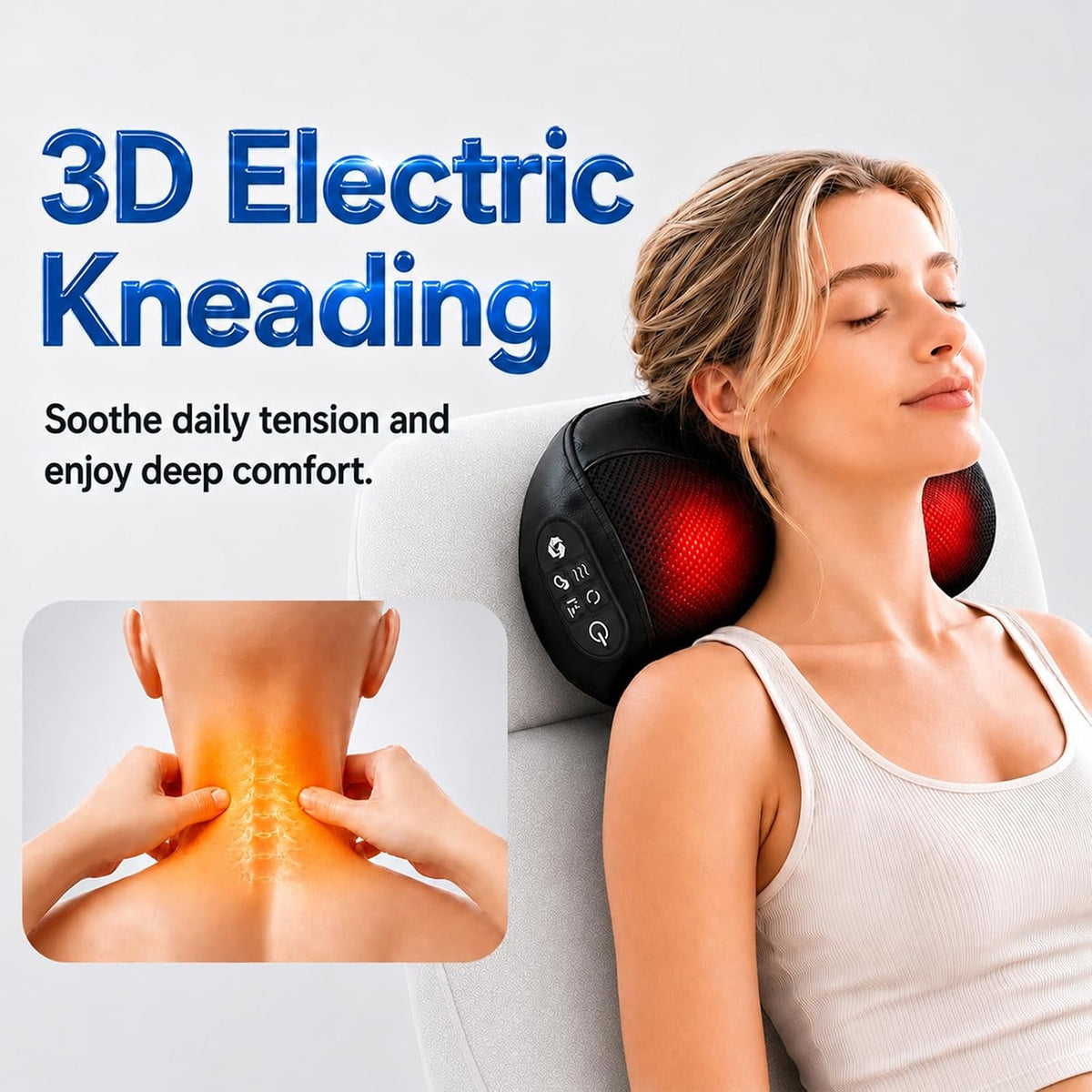 Masajeador de cuello con calor, almohada de amasado 3D inalámbrica...