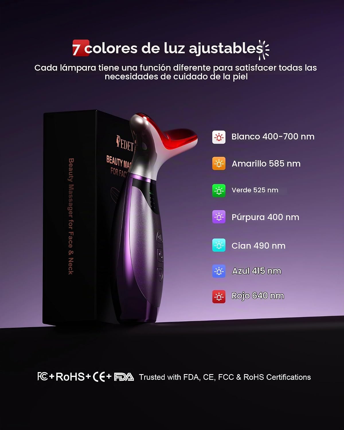 Pedete Masajeador facial, terapia de luz roja de 7 colores para car...