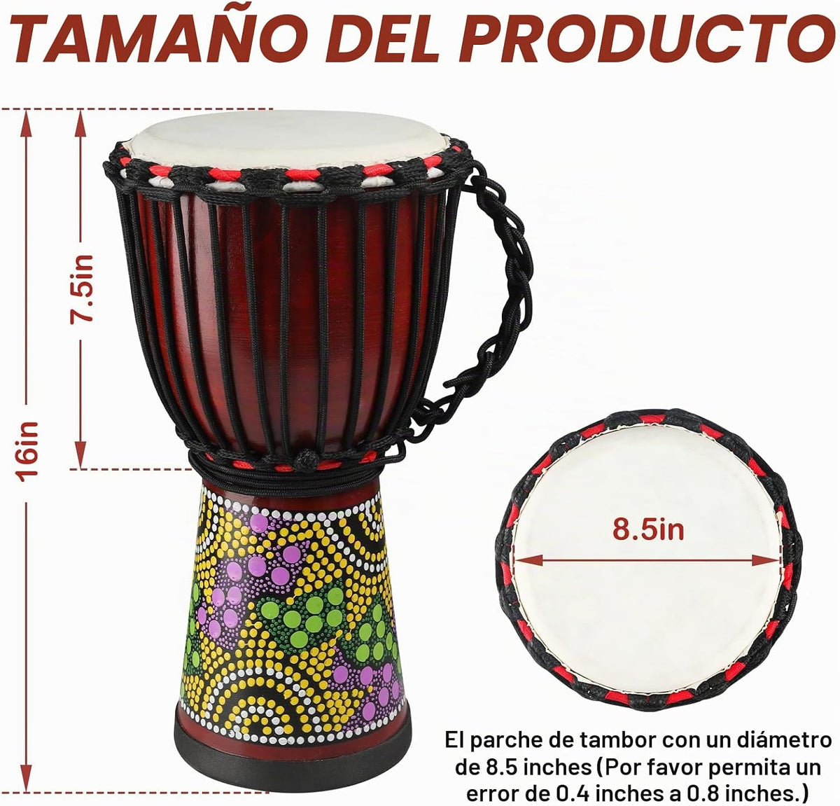 GOGHOST Tambor Djembe de madera africano para adultos 8.5 x 16 pulg...