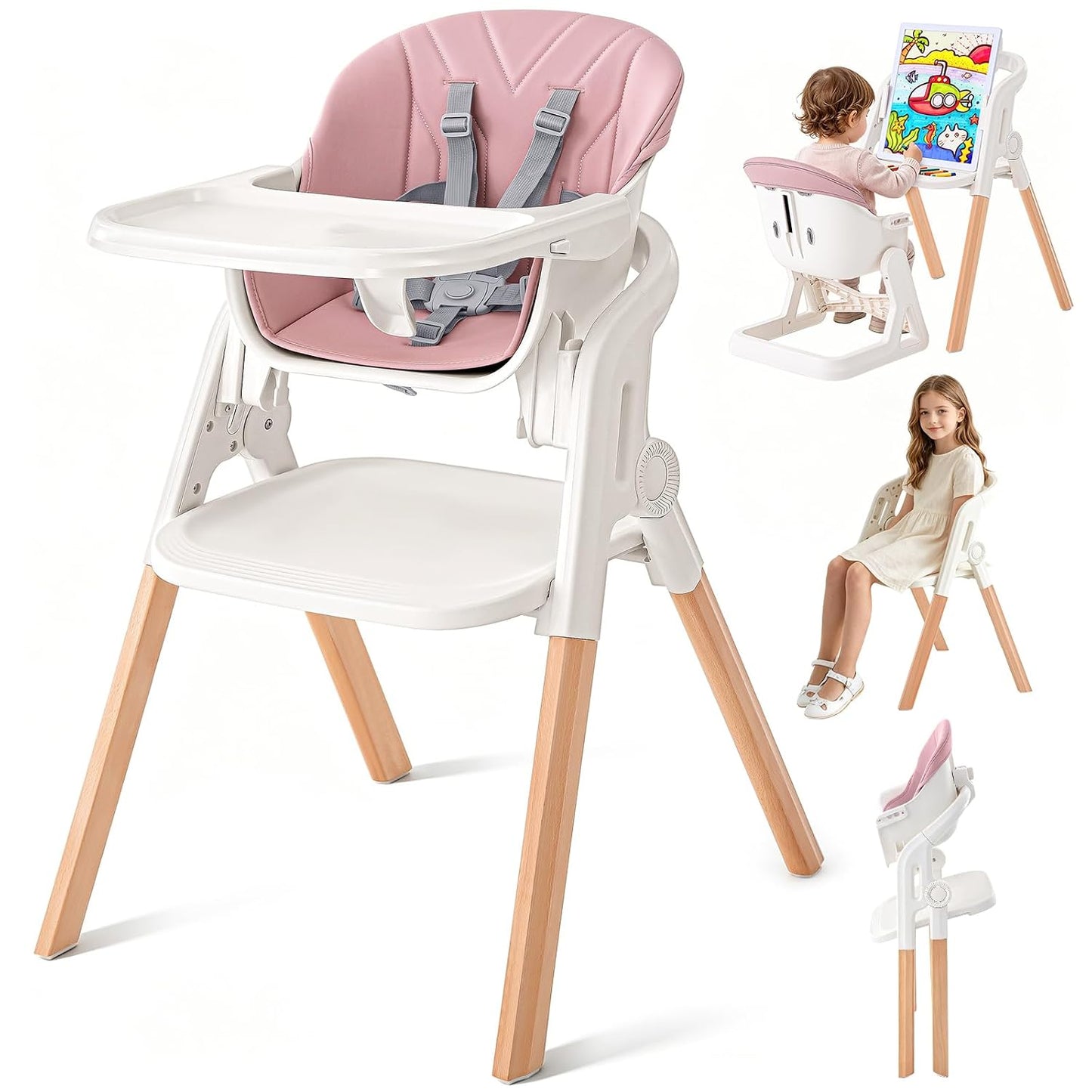 Silla alta plegable para bebé, sillas altas de madera convertibles...