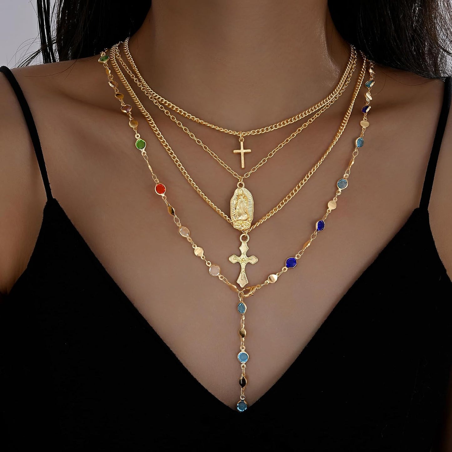 4 piezas de collares de cruz dorados en capas para mujer, modernos,...