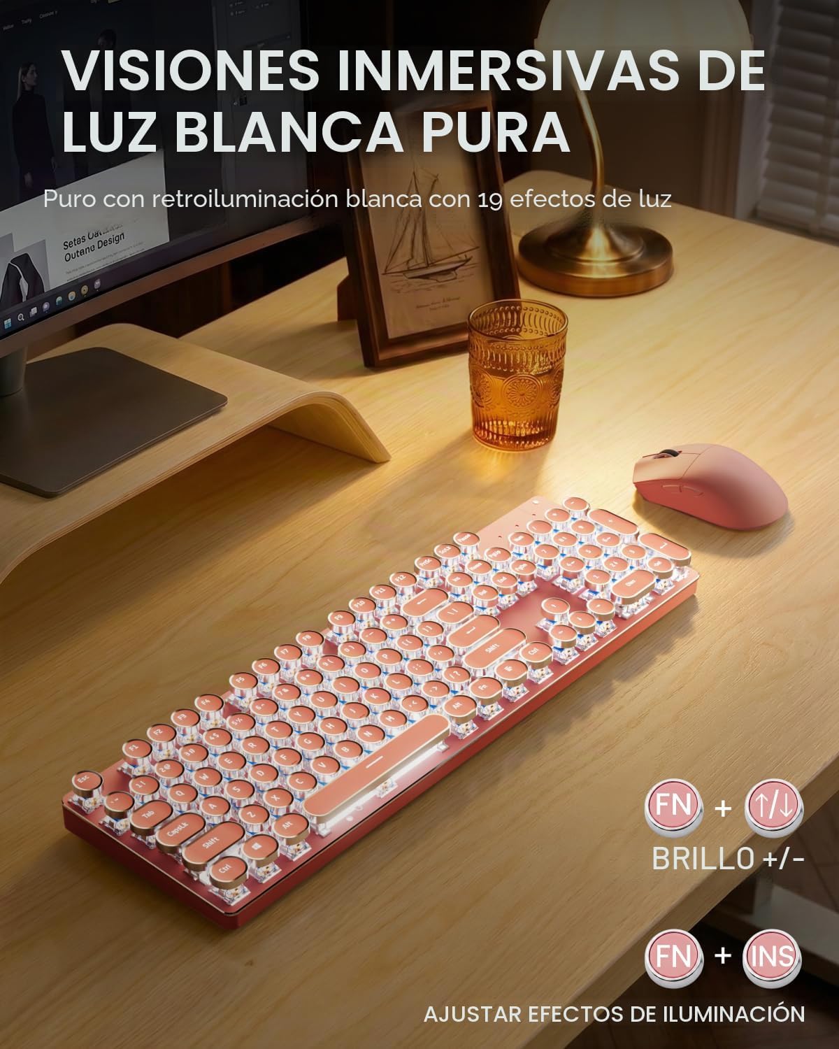 Combo de teclado y mouse inalámbricos, máquina de escribir retroilu...
