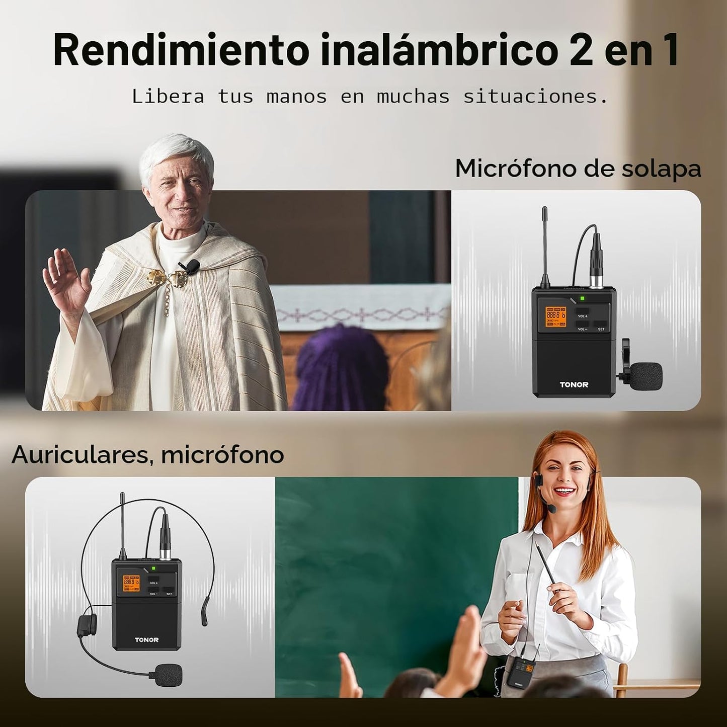TONOR Sistema de micrófono inalámbrico UHF con micrófono de auricul...