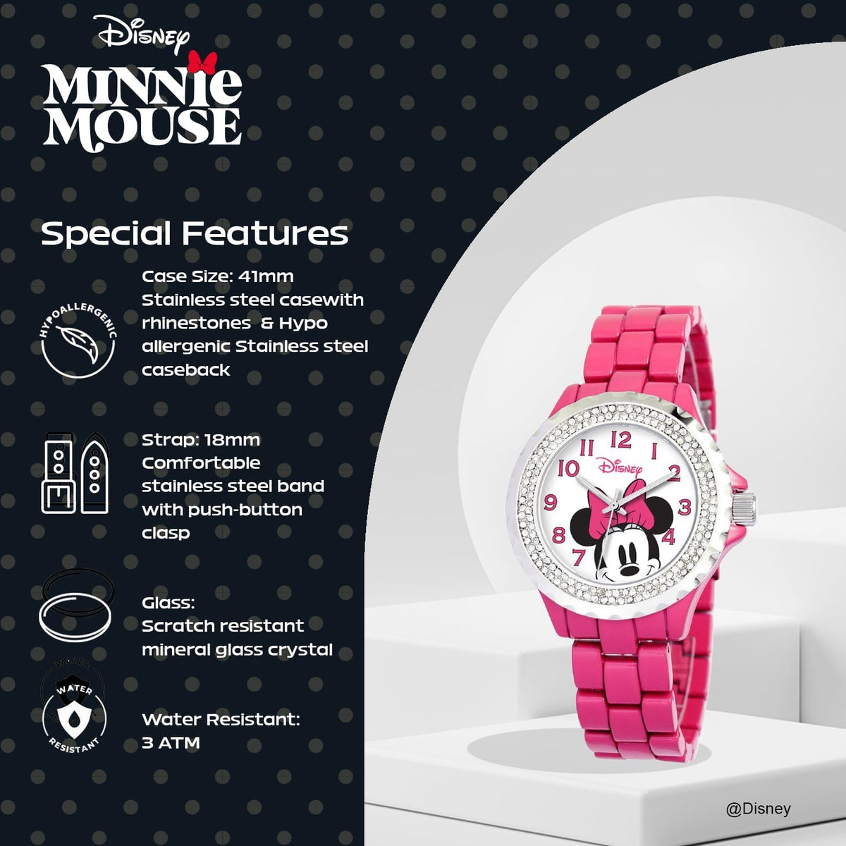 Reloj Disney Minnie Mouse para mujer, diseño clásico de Minnie Mous...