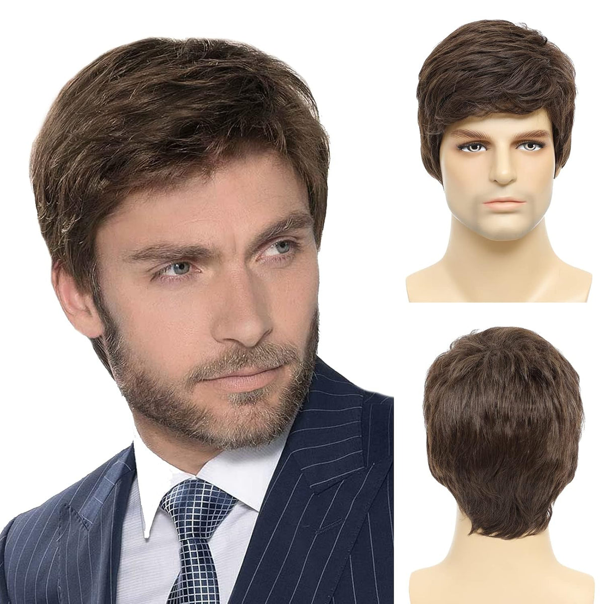 BCHR Peluca marrón para hombre, peluca corta marrón para hombres, p...