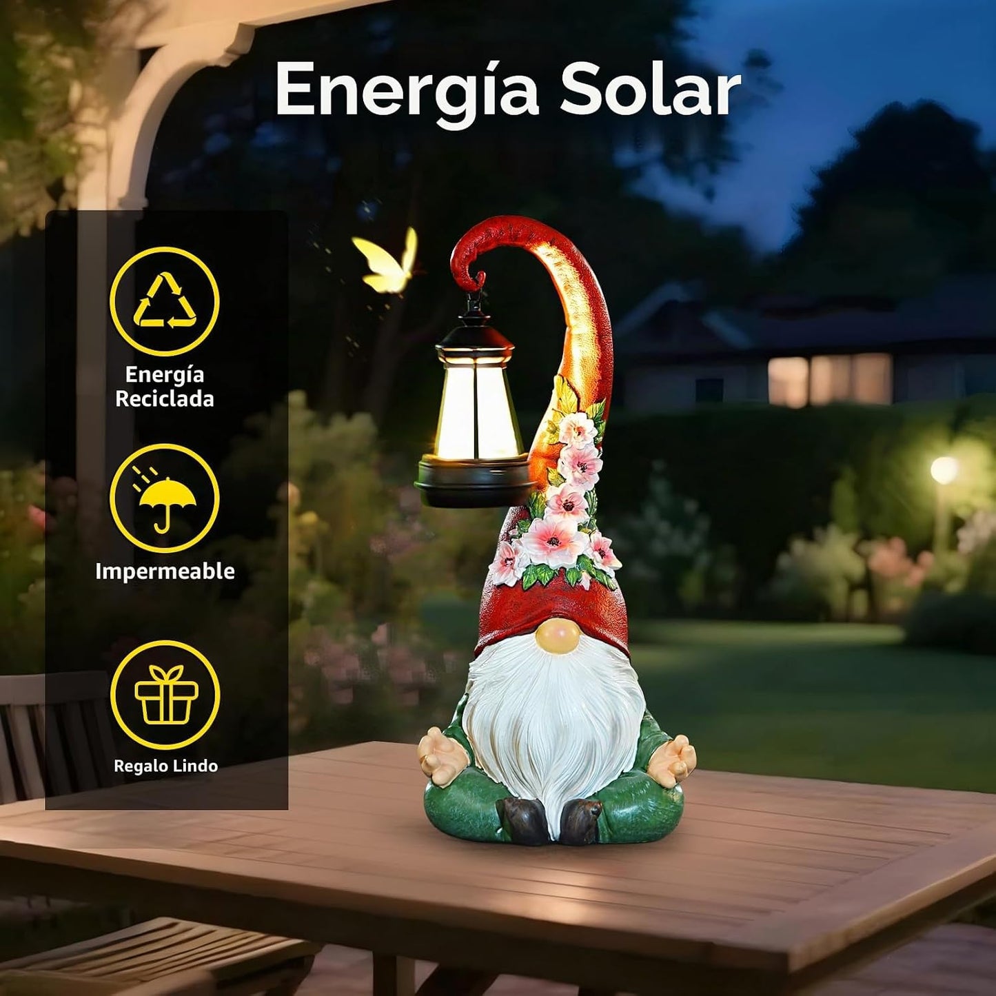 Roundot Estatuas de gnomos de jardín con luces solares, farol para...
