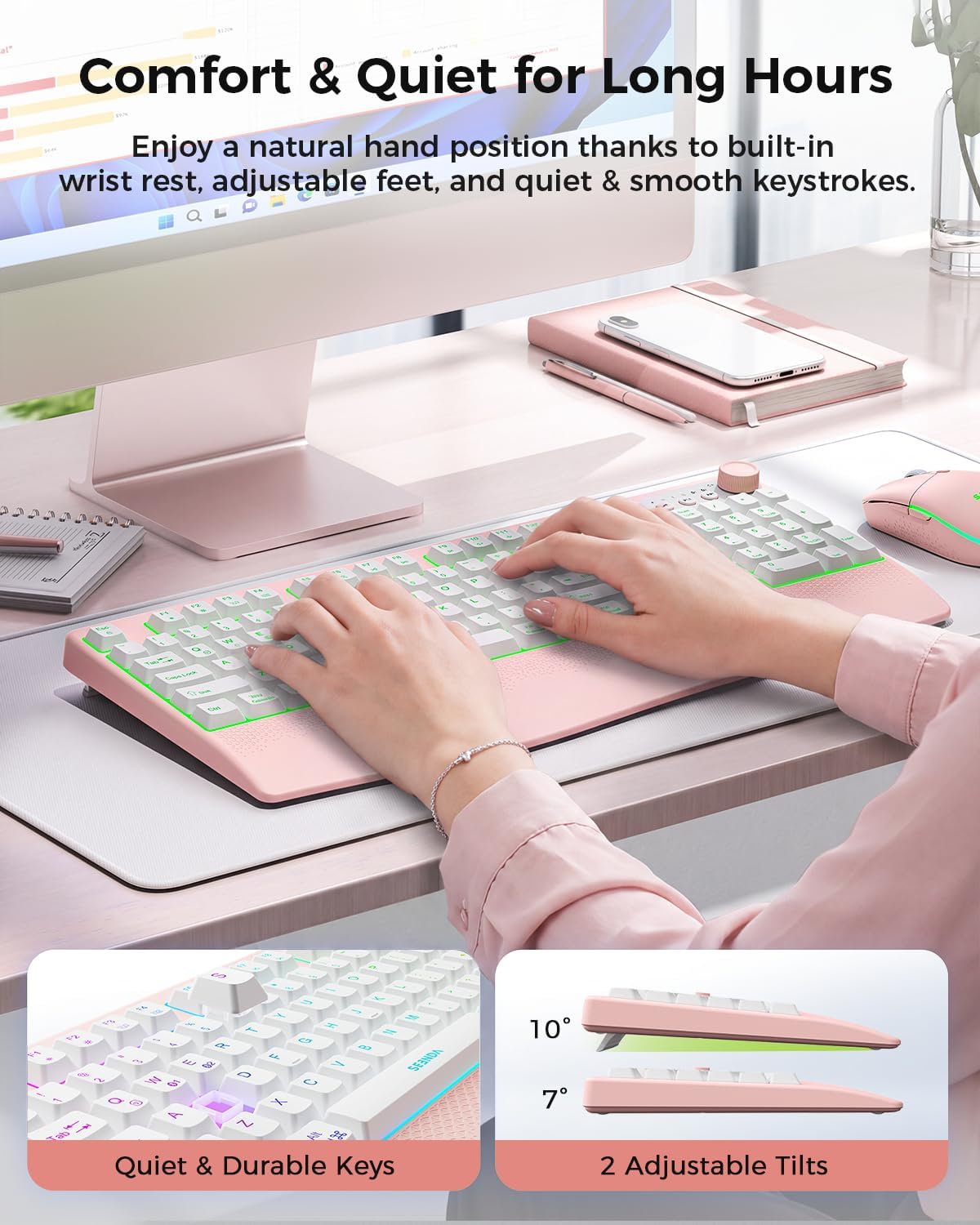 Seenda Teclado y ratón inalámbricos Bluetooth, retroiluminado multi...