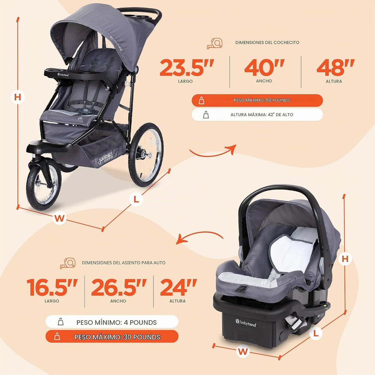 Baby Trend Sistema de Viaje Journey Jogger, Gris Estelar