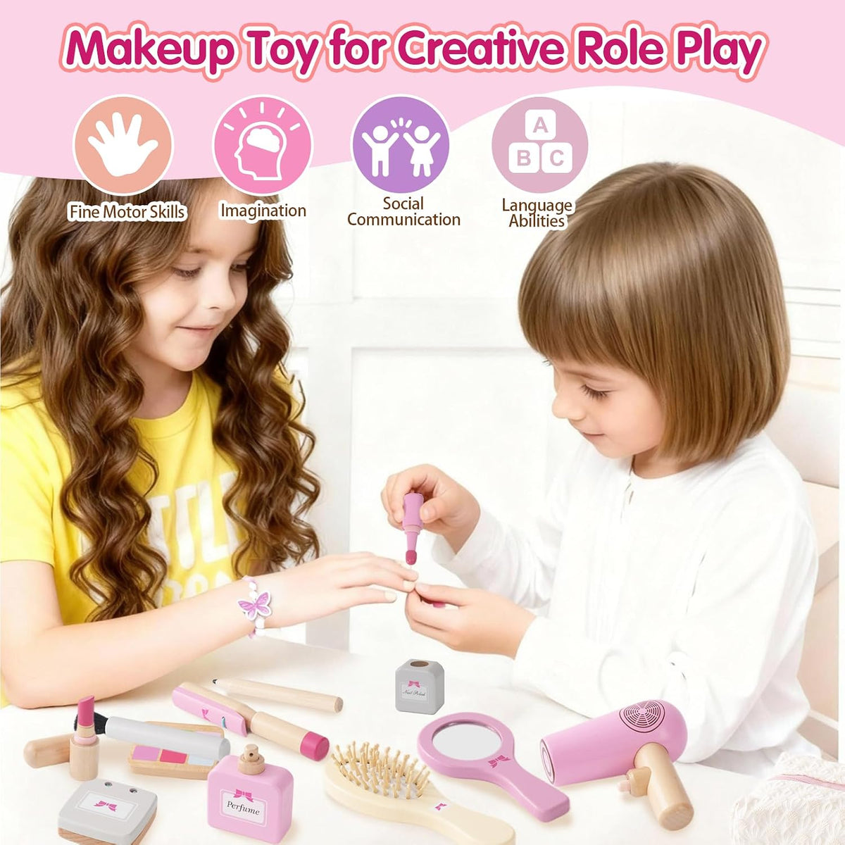 SMARTWO Kit de maquillaje de madera para niñas, juego de salón de b...