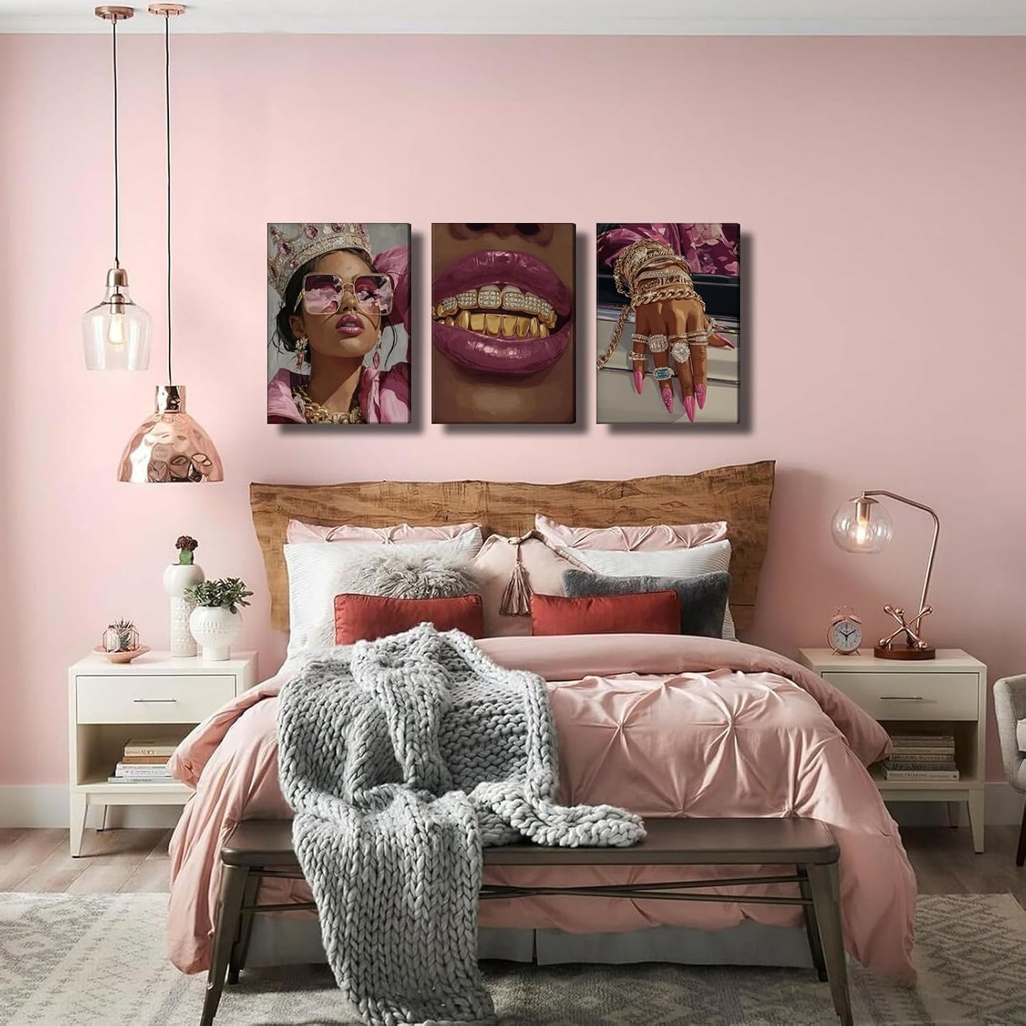 3 piezas de arte de pared en lona rosado con niña negra de lujo, de...