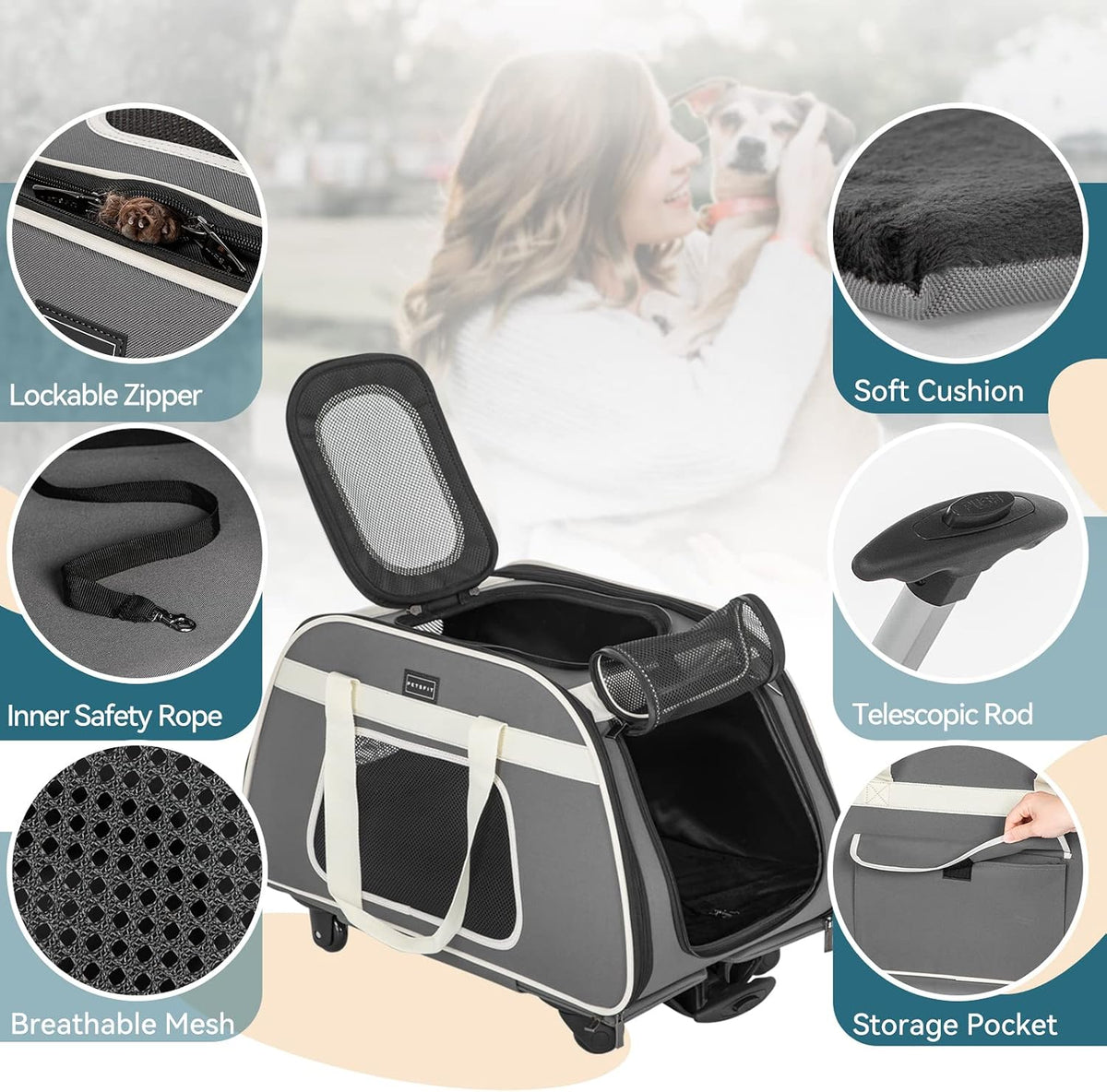Transportín para animales domésticos Petsfit con ruedas removibles,...