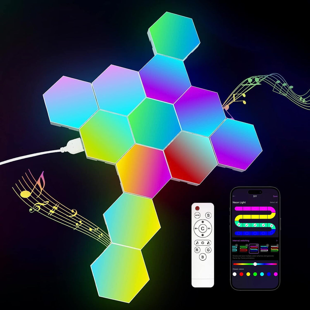 JIMIMORO Paquete de 12 paneles de luz hexagonales \u2013 Luces de p...