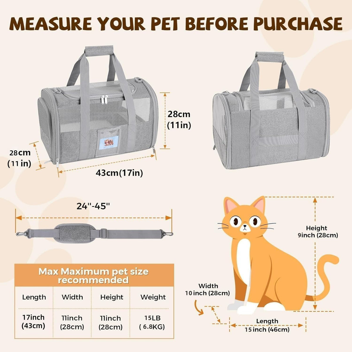 Transportador suave para gatos de hasta 15 libras, aprobado por la...