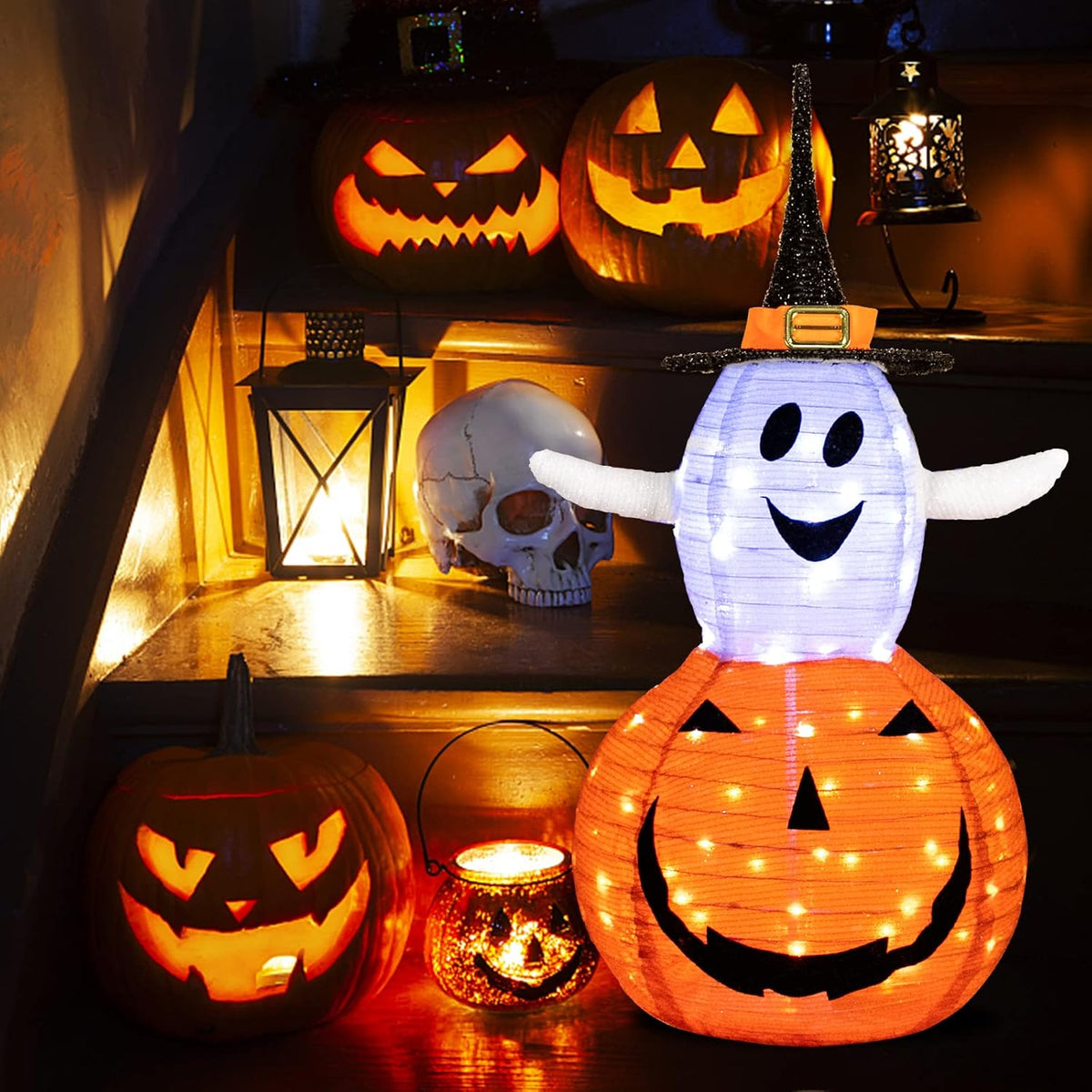 Decoración plegable de calabaza fantasma de Halloween al aire libre...