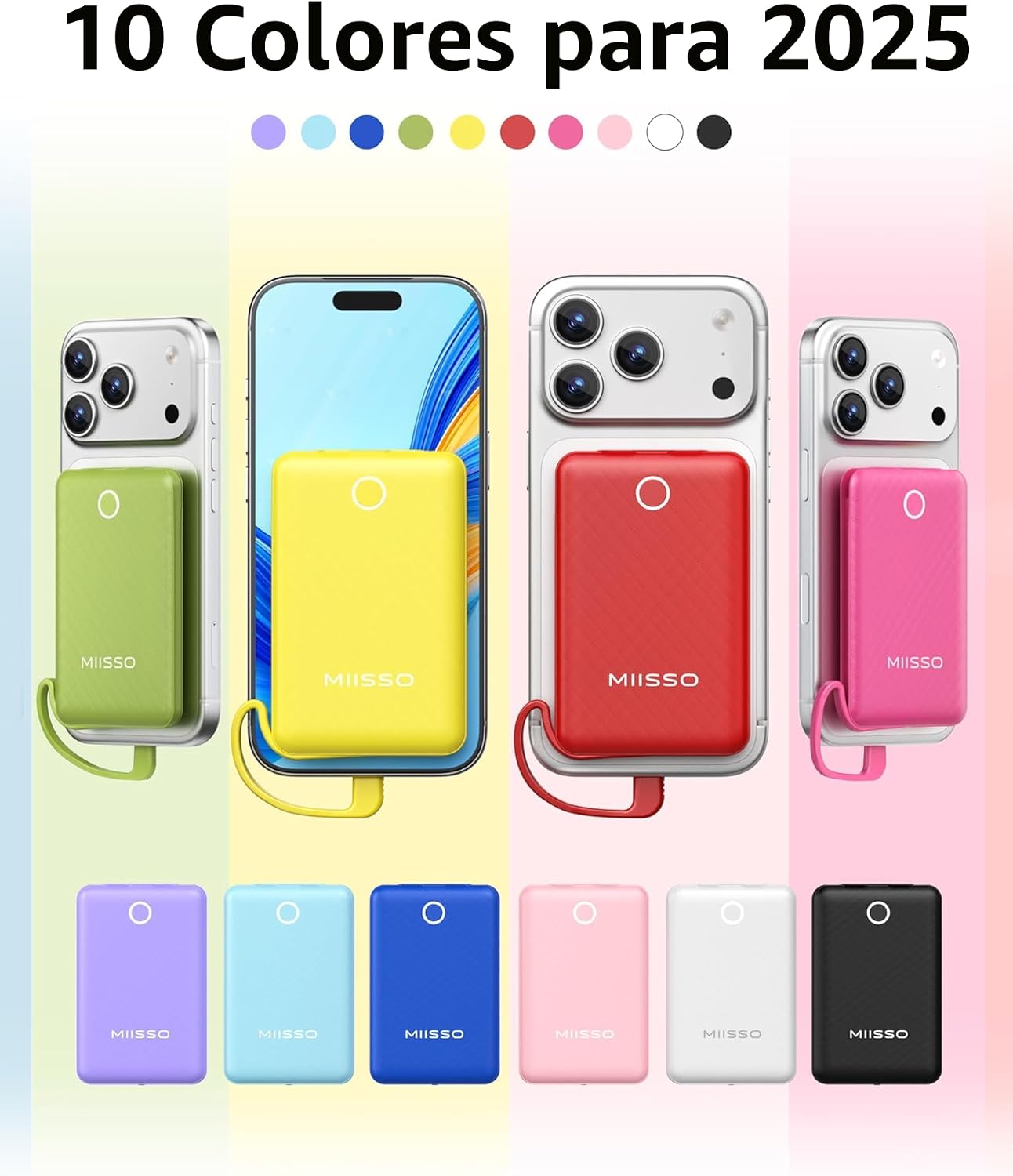 miisso Cargador portátil mini de 10000 mAh con cable incorporado, b...