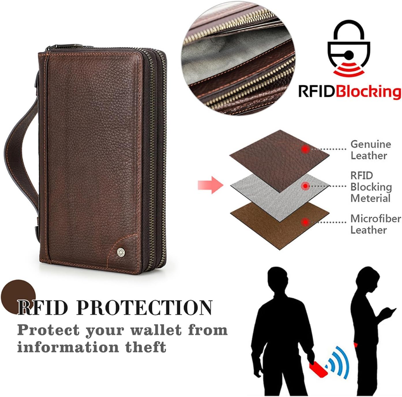 Cartera de cuero genuino de grano superior con cremallera para homb...