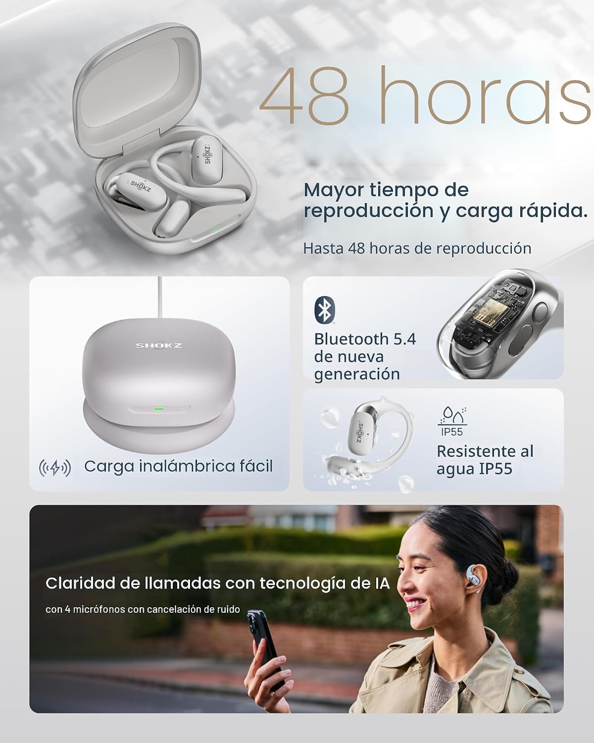 SHOKZ Nuevos auriculares OpenFit 2+ de oreja abierta, habilitados p...