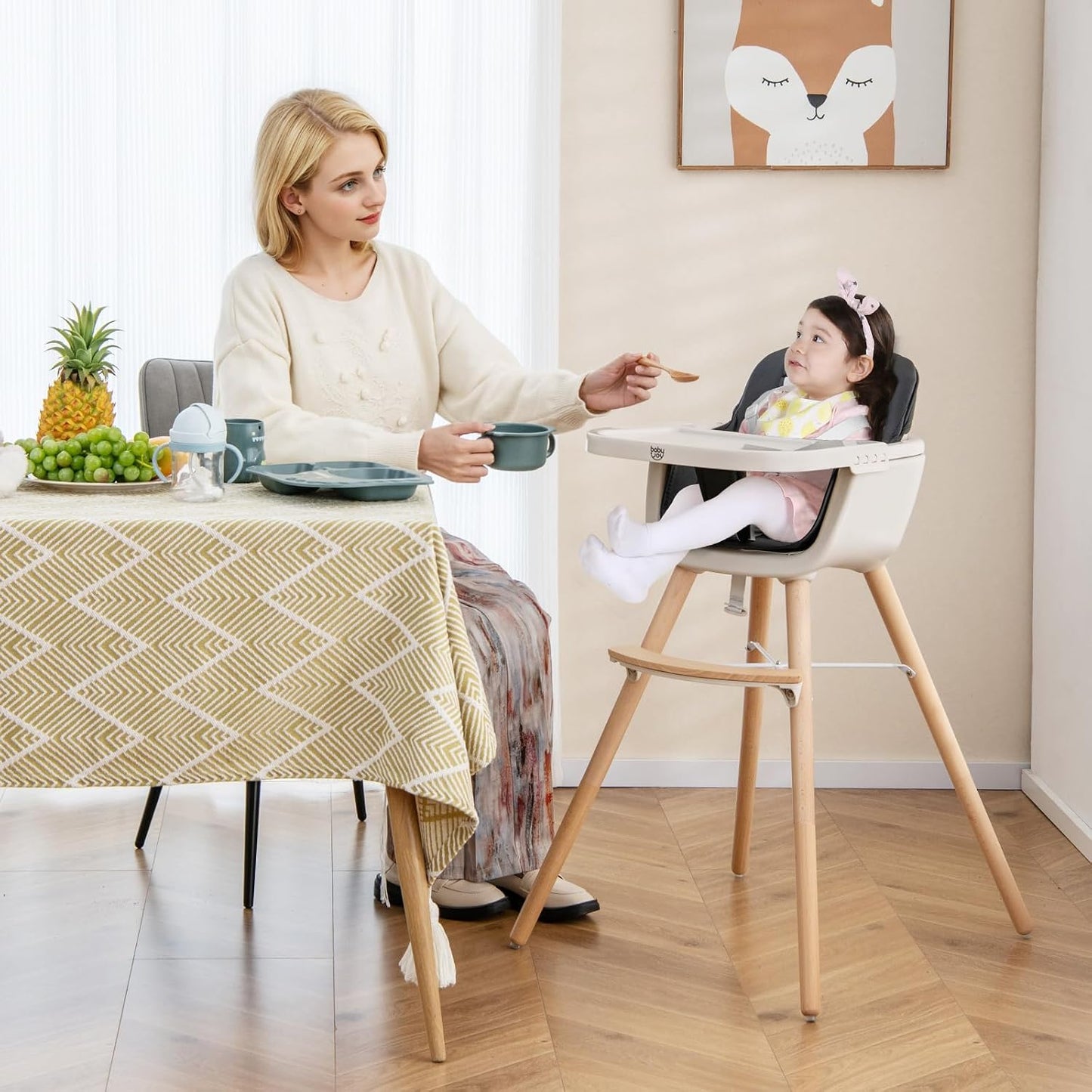BABY JOY Silla alta para bebé, trona convertible 3 en 1 de madera p...