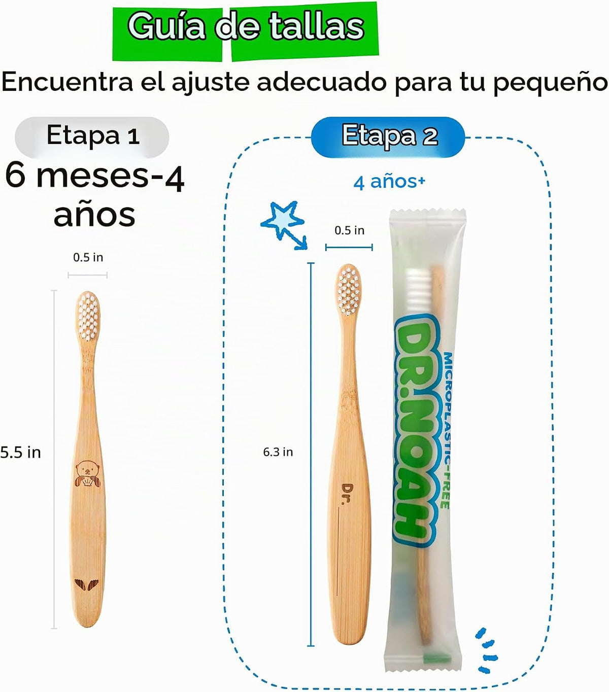 Dr. Noah Cepillo de dientes de bambú sin microplásticos para niños,...