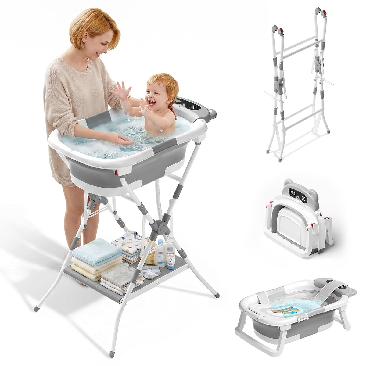Bañera plegable 2 en 1 con soporte, bañera para recién nacidos para...