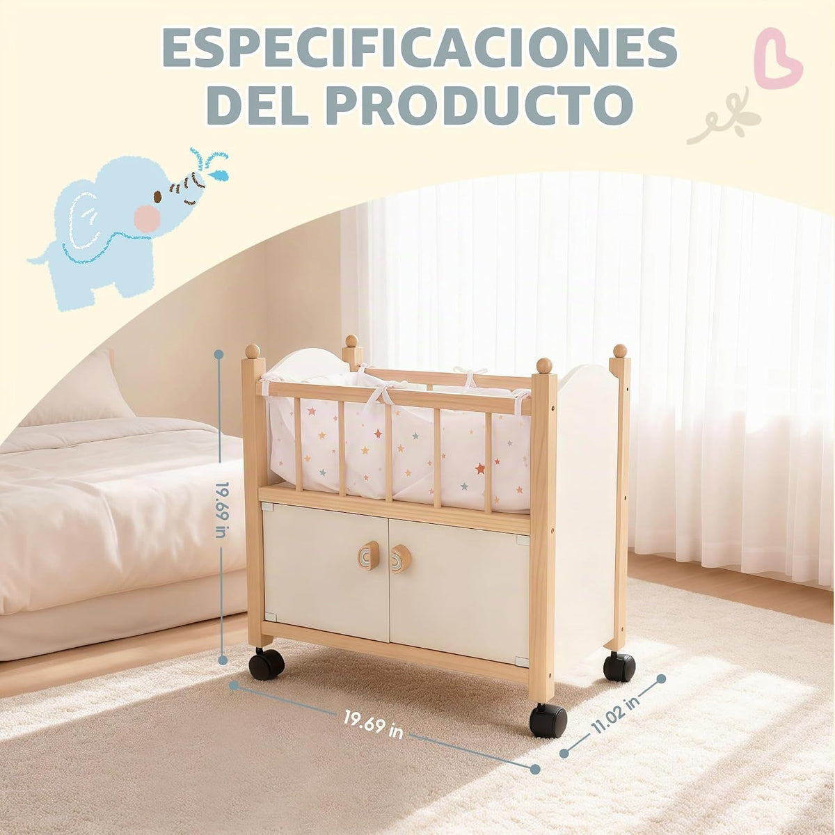 Freniland Cama de madera para muñecas con almacenamiento, ruedas y...
