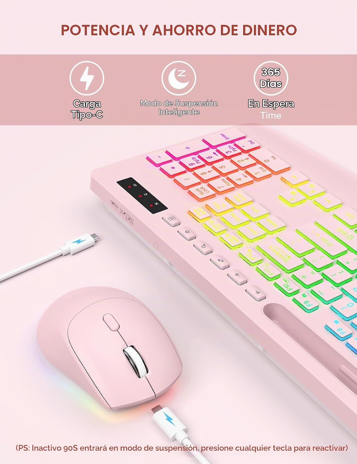 Combo de teclado y mouse inalámbricos, 9 efectos retroiluminados, r...